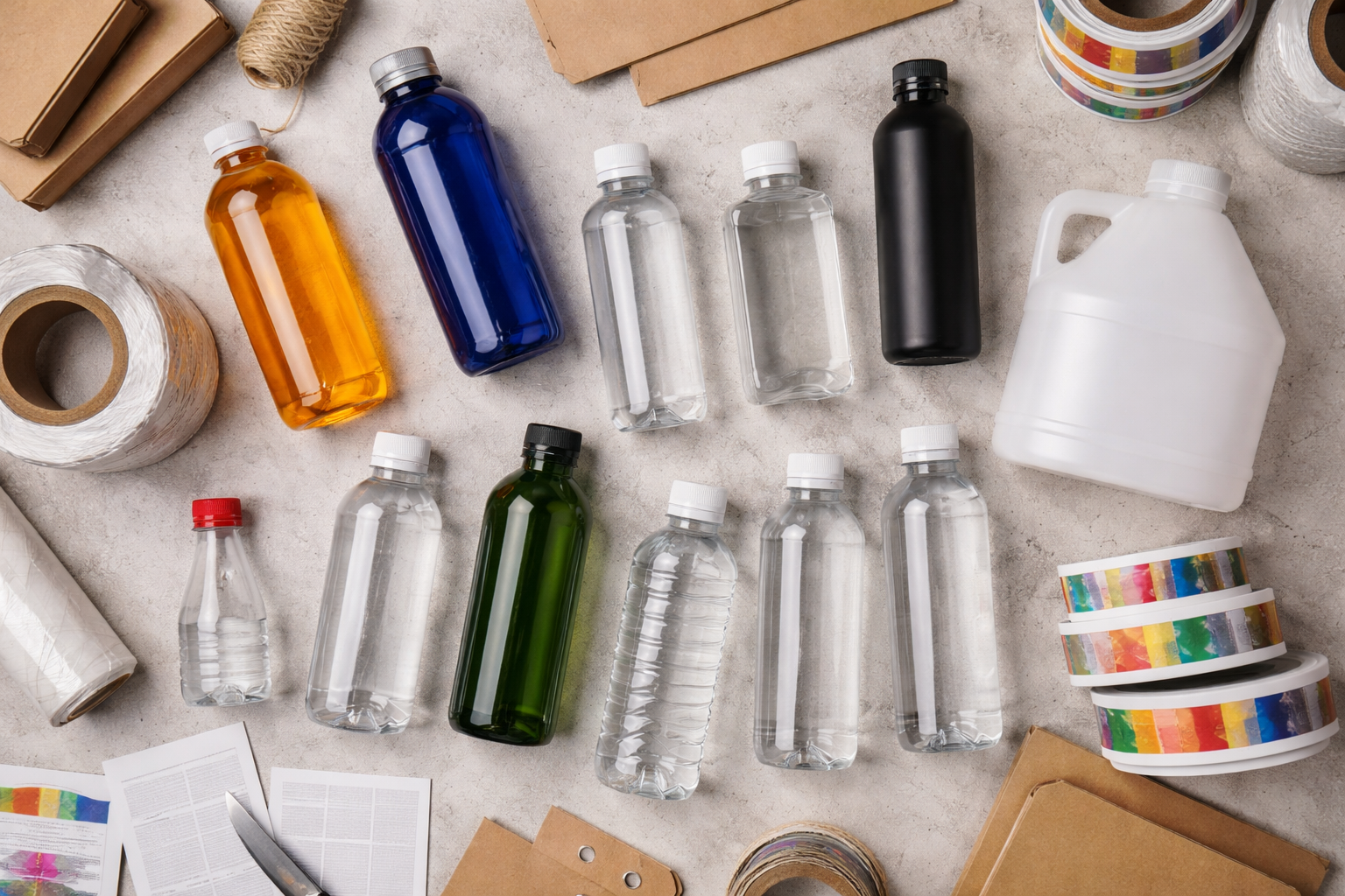 Flat lay of plastic bottle packaging including clear, amber, blue, and green bottles with custom labels and packaging materials