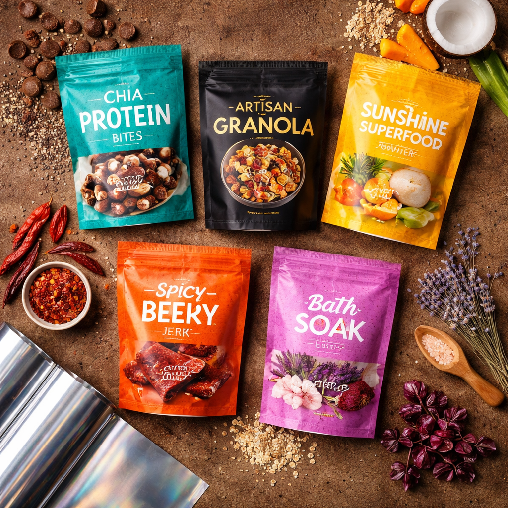 Custom stand-up pouches for smoothie mix, turmeric powder, almonds, and granola displayed with printed roll-stock packaging film.