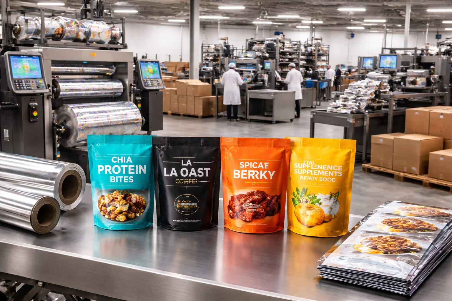 Mylar bag production line with custom printed pouches for snacks, coffee, and supplements in a Los Angeles packaging facility