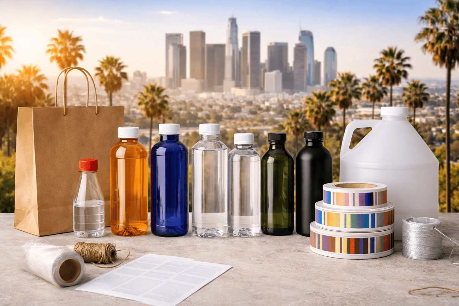 Plastic bottle packaging Los Angeles with PET and HDPE bottles, labels, and flexible packaging solutions for retail and e-commerce brands