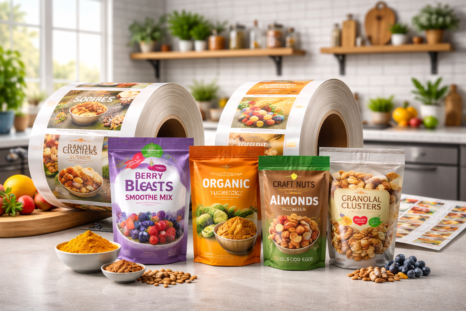 Flexible packaging production line creating custom stand-up pouches and Mylar bags for snacks, CBD products, and pet food.