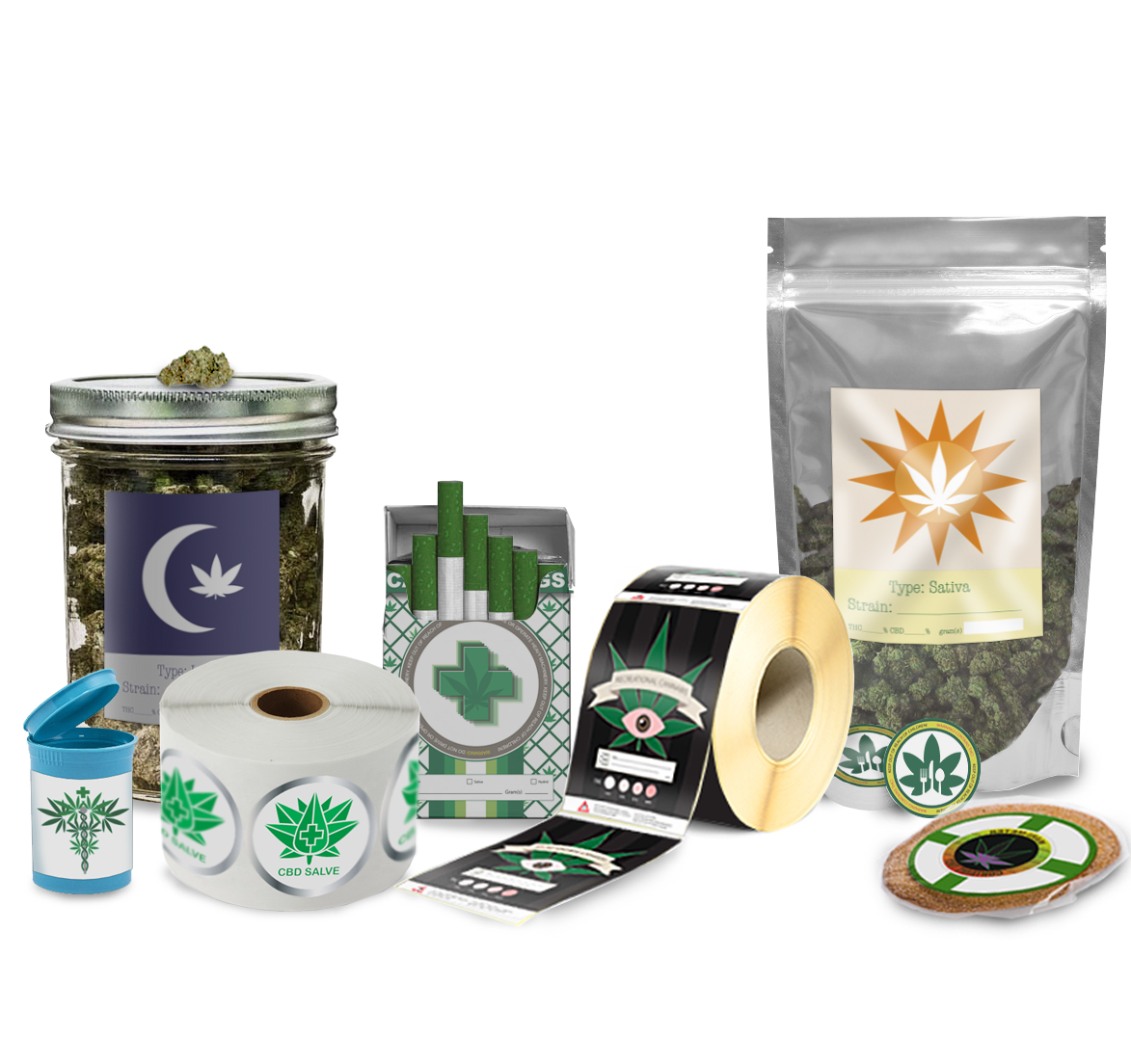 Child-resistant cannabis packaging, including jars, pouches, labels, and pre-roll containers, designed for compliance.